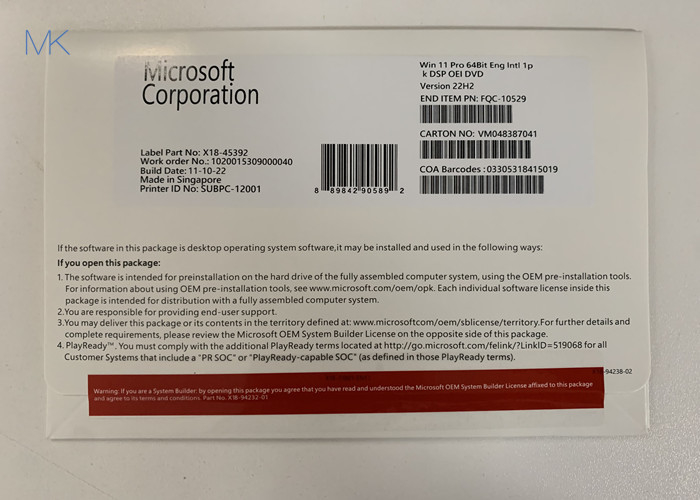 Microsoft OEM सिस्टम बिल्डर Windows 11 प्रोफेशनल OEM 64-बिट OEI DVD अंग्रेज़ी 22H2